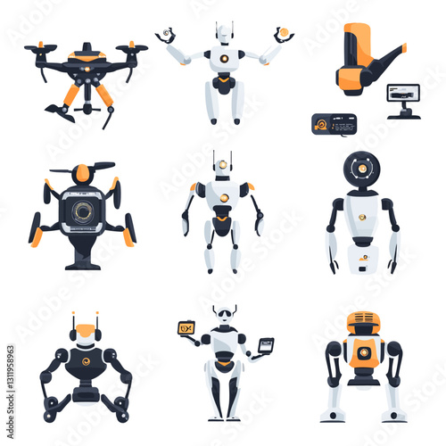 Diverse collection of modern robots and drone technology in flat vector art