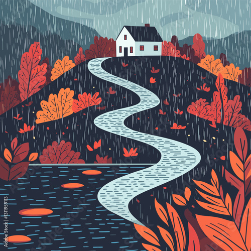 A minimalist graphic illustration of a winding path leading to an isolated house on a hilltop surrounded by colorful autumn foliage; light rain falls from the sky,