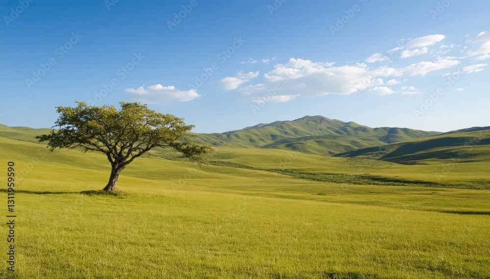 Solitary Tree in a Vast Green Field Under a Bright Blue Sky Solitary Tree in a Vast Green Field Under a Bright Blue Sky