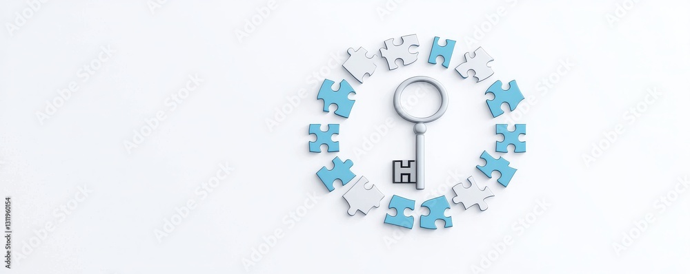 Fototapeta premium A key surrounded by puzzle pieces, symbolizing problem-solving and unlocking potential.
