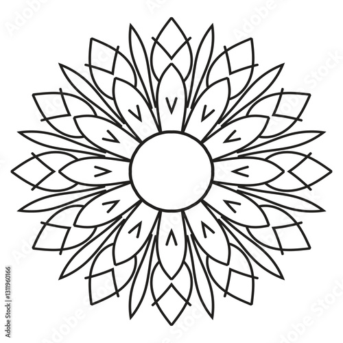 Vector black outline mandala flower icon, geometric floral pattern, isolated on white