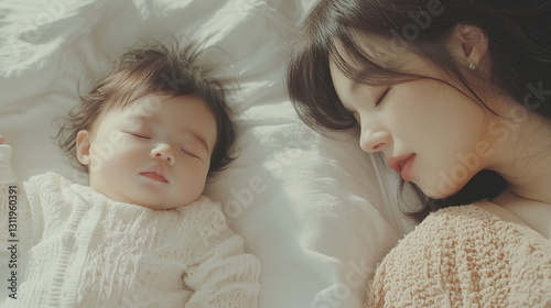 白いベットの上で一緒に眠っている母親と赤ちゃんの寝顔のクローズアップ　母子の愛。