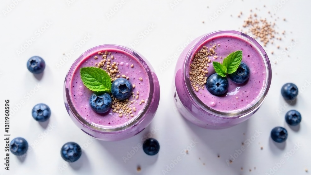 Two Refreshing Blueberry Smoothies Garnished with Seeds and Mint, Ready to Enjoy a Healthy and Delicious Treat Two Refreshing Blueberry Smoothies Garnished with Seeds and Mint, Ready to Enjoy a Healthy and Delicious Treat