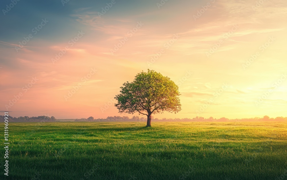 A bright green field with a lone tree, under a soft, pastel-colored sky at dawn A bright green field with a lone tree, under a soft, pastel-colored sky at dawn