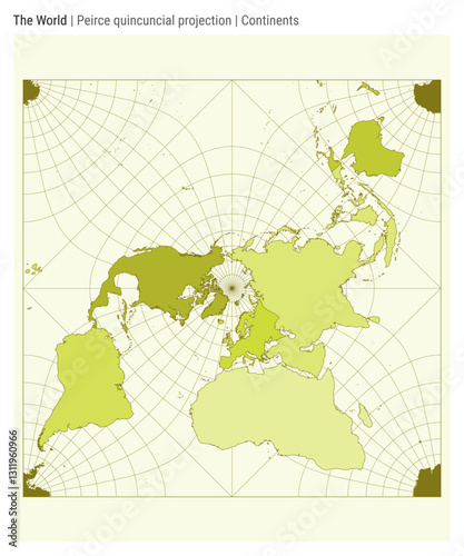 World Map. Peirce quincuncial projection. Continents style. High Detail World map for infographics, education, reports, presentations. Vector illustration.
