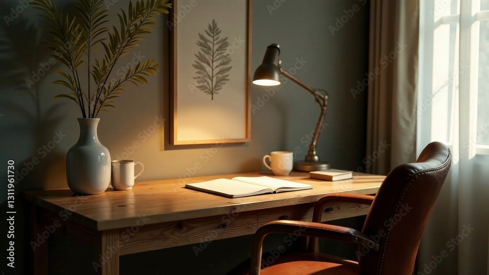 Fototapeta premium A peaceful workspace with a wooden desk, leather chair, open notebook, and warm lighting.