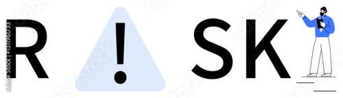 Bold RISK text with a warning triangle at center and a professional figure pointing at the letters. Ideal for business strategy, decision-making, risk analysis, problem-solving, caution, guidance