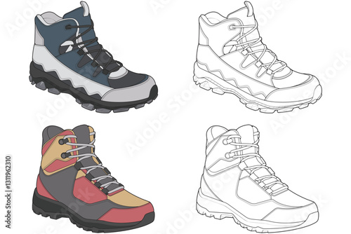 Set of hiking boots illustration. Illustration set vector boots. Side view hiking boots isolated with black background.