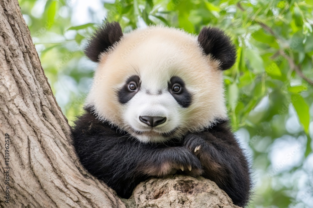 Obraz premium Playful Panda in Tree: A captivating portrait of a baby panda resting on a tree branch, looking directly at the camera with an adorable expression and innocent eyes.