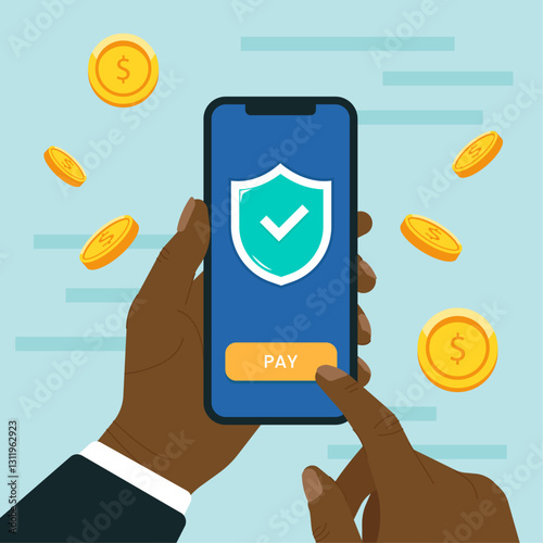Hand holding smartphone. Secure pay concept.Mobile payment via internet application. Flat vector illustration.
