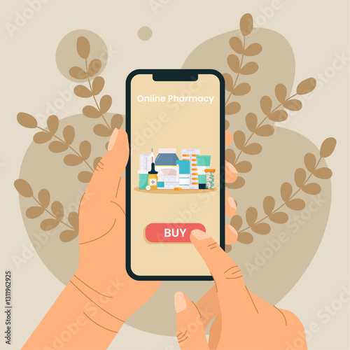 Online healthcare pharmacy concept.Hand holding smartphone with online drugstore app. Buy medicine online.Flat vector illustration