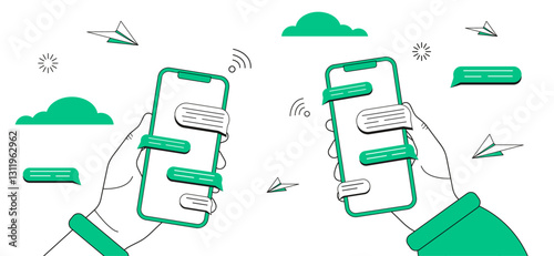 Hands holding phones with messages. Social networking communication, touch screen smartphone app with online chat bubbles. Vector illustration