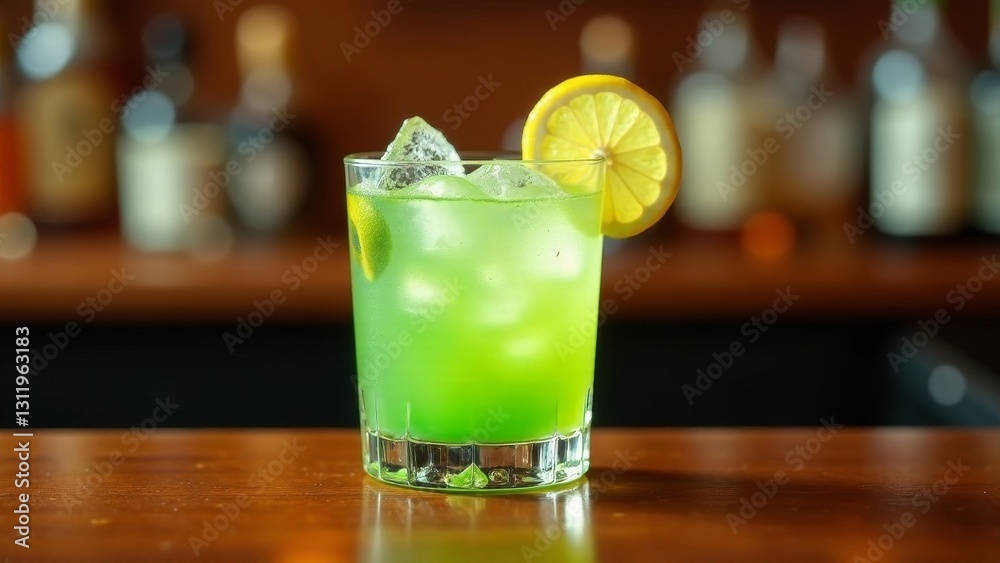Refreshing Green Cocktail with Lemon Garnish on a Polished Wooden Bar Top Refreshing Green Cocktail with Lemon Garnish on a Polished Wooden Bar Top