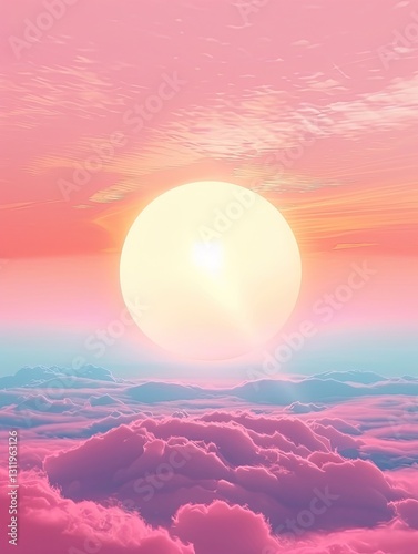 Pastel dreamscape with luminous orb above cotton candy clouds