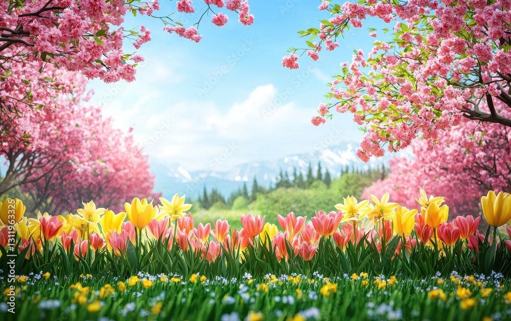 Fototapeta premium A blooming spring garden with colorful tulips, daffodils, and cherry blossoms