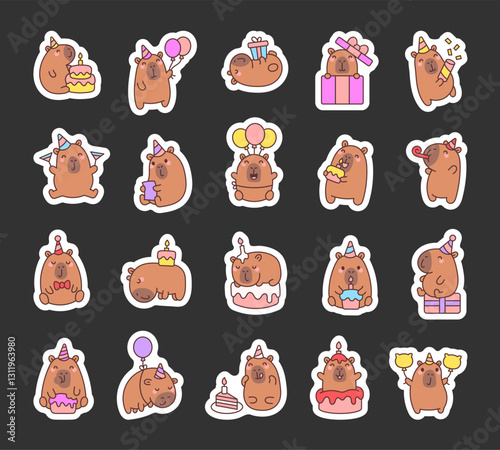 Adorable capybara birthday set featuring cute characters with party hat, cake, balloons, gift, confetti, candle, greeting cards, and festive accessories in various joyful poses