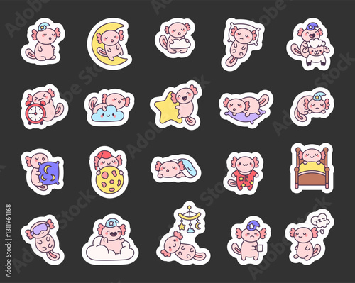 Adorable axolotl night sleep set featuring cute bedtime moments with pillows, clouds, stars, and cozy resting positions in a charming kawaii cartoon style and for yours projects