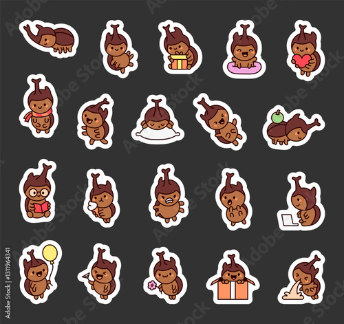 Rhinoceros beetle character set showing various emotions and actions in a cute kawaii cartoon style, featuring smiling, greeting, reading, eating, and more adorable poses