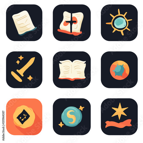 Occult Objects: Books, Sun, Dagger, Star Icons, Symbols, Mysterious Set