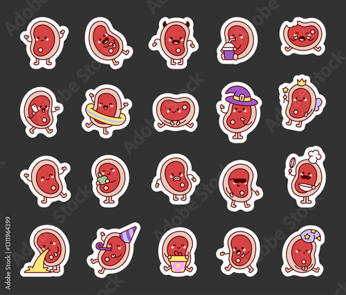 Adorable steak meat character set featuring various emotions, accessories, and fun poses in a cute kawaii cartoon style for yours creative food themed designs