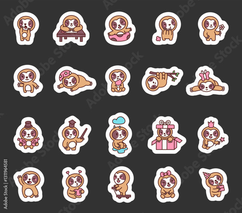 Sloth animal set featuring adorable kawaii cartoon characters expressing different emotions and poses while celebrating, relaxing, playing, and enjoying everyday activities, for yours design projects