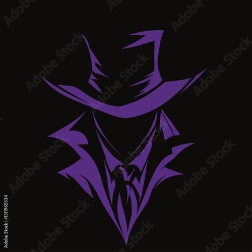 Purple Silhouette of Mysterious Man in Hat and Suit on a Black Backdrop