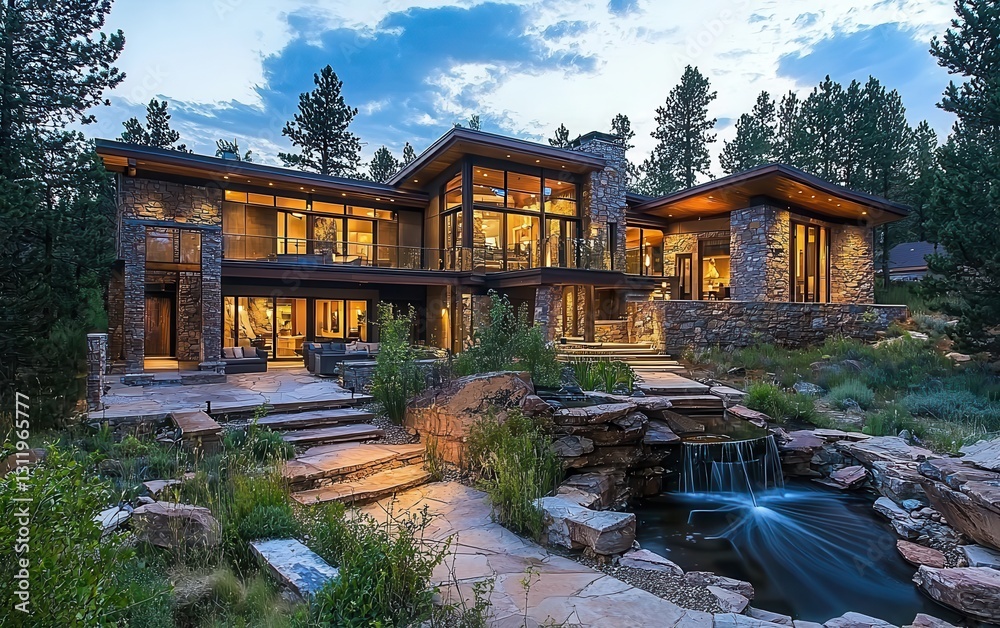 Obraz premium A contemporary home with a natural stone facade, surrounded by serene forest land, featuring an open courtyard with a water feature