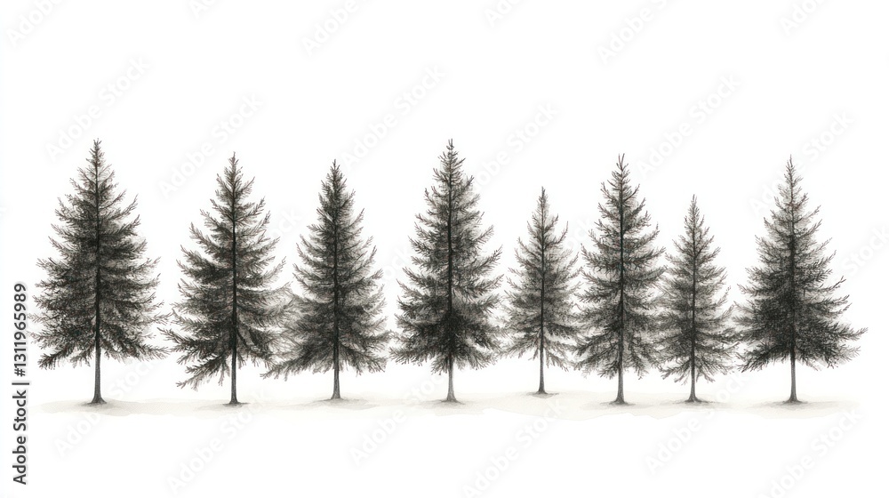 Obraz premium Row of dark pine trees on white background. Possible use nature, forest, landscape, graphic design