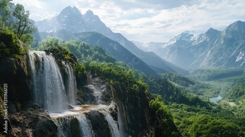 Majestic Waterfall Cascading Through Verdant Mountains and Serene Valley