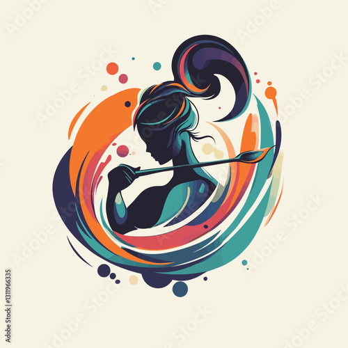 Silhouette Woman Holding Paintbrush Surrounded by Swirling Colorful Art