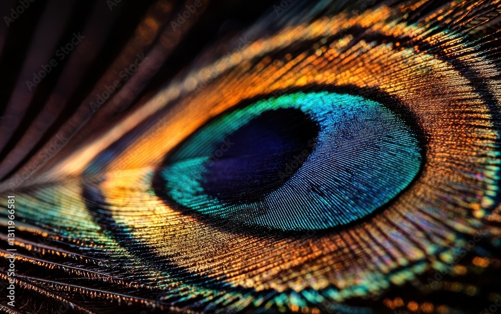 Obraz premium A close-up of a colorful peacock feather, showcasing the intricate details and vibrant colors