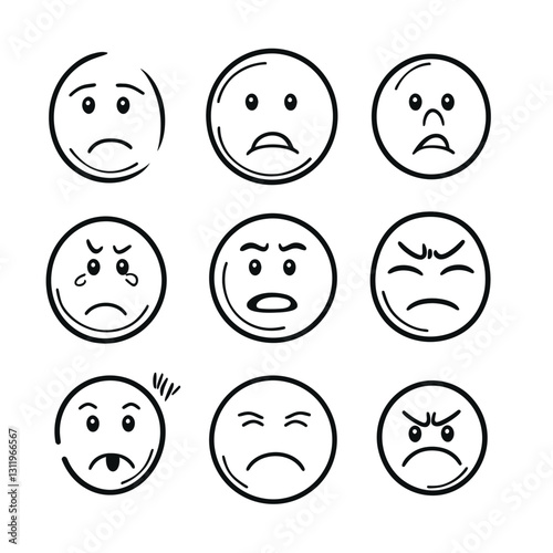 Set of Doodle Style Emoticons Expressing Negative Emotions and Feelings