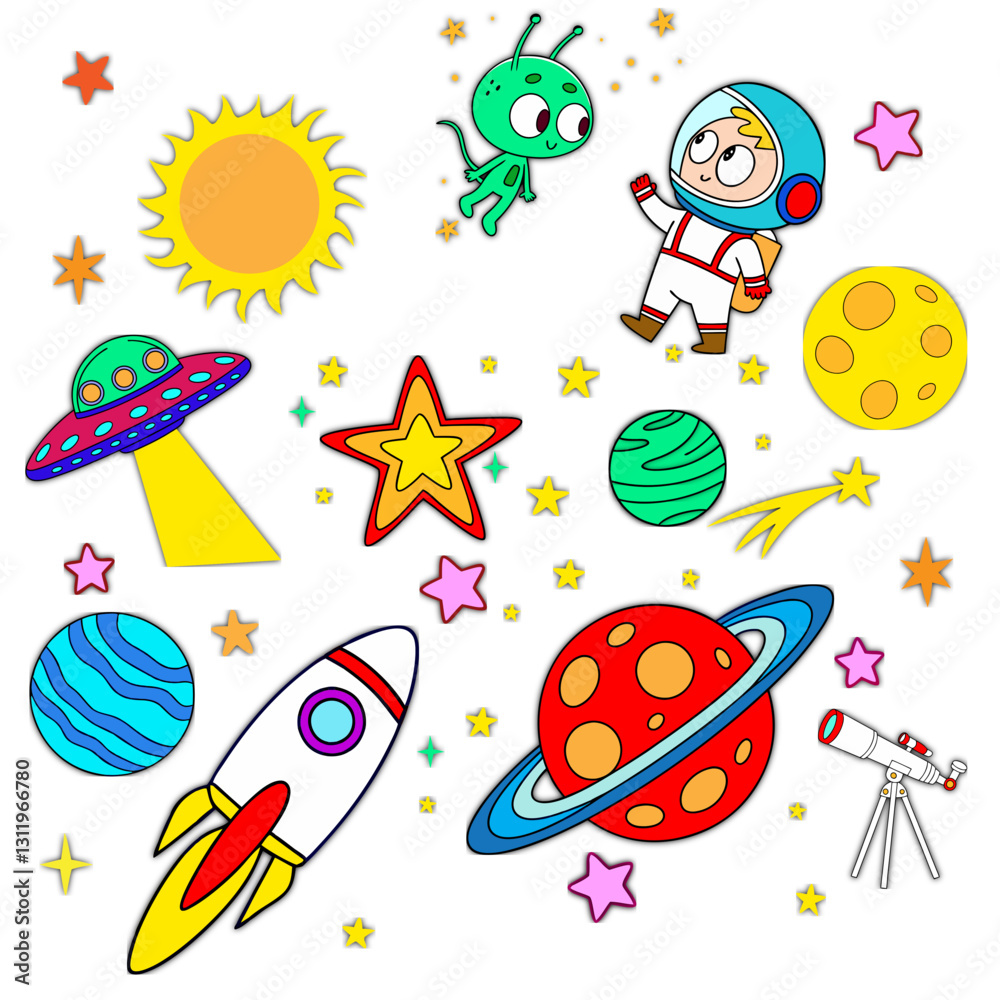 Obraz premium Space Telescope Alien Ship Sun Planet Astronaut Clipart Set Collection Silhouette Shape