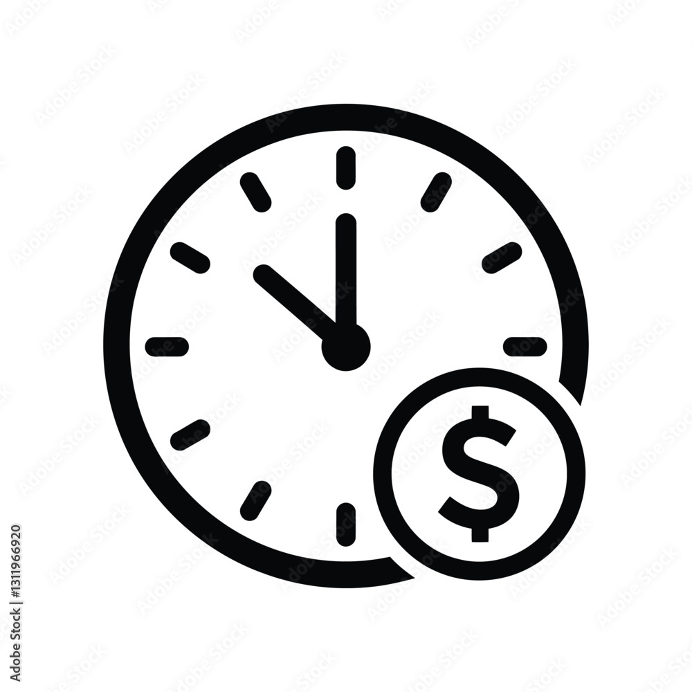 Black and white clock and dollar sign vector icon Black and white clock and dollar sign vector icon