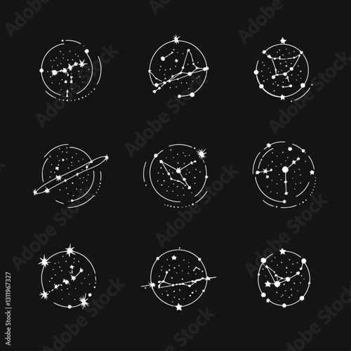 Zodiac Sign Constellations Collection on Black Background, Astrology Design