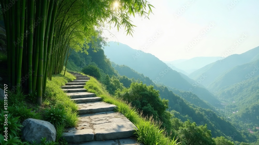 Serene stone steps ascend through a bamboo grove, leading to a breathtaking vista of rolling green hills bathed in soft sunlight. Serene stone steps ascend through a bamboo grove, leading to a breathtaking vista of rolling green hills bathed in soft sunlight.
