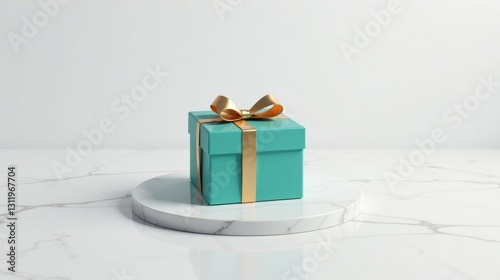 A teal gift box with a golden ribbon, elegantly presented on a circular white marble display, against a minimalist backdrop.