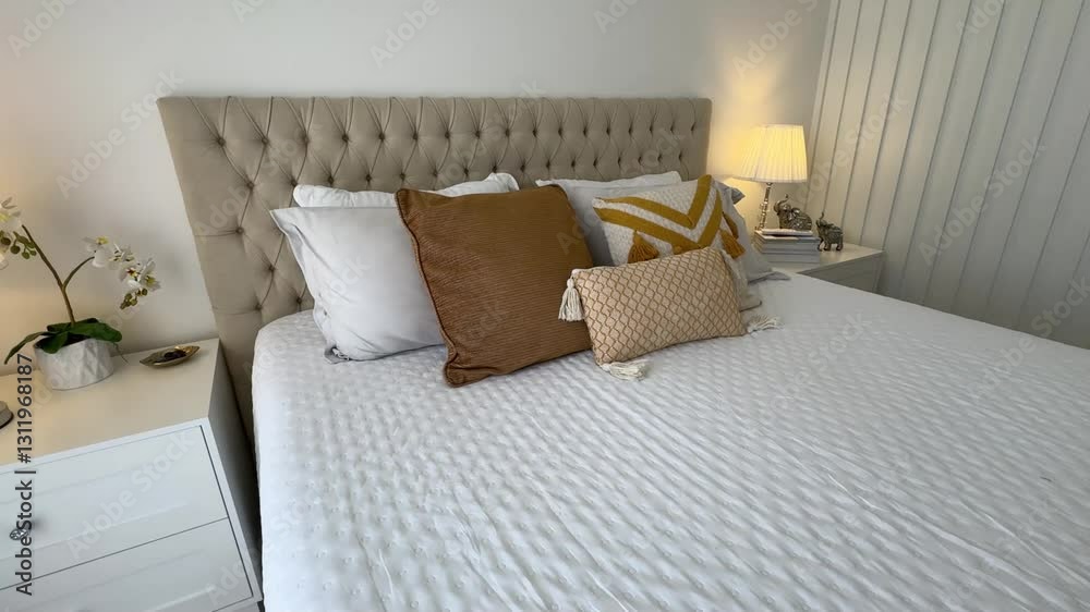 cama arrumada com cabeceira de luxo capitone e tons decoração amarela e tons marrons 