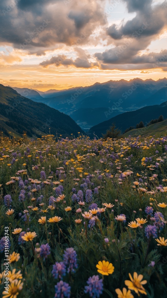 Fototapeta premium Vibrant wildflower meadow stretching across a mountainous landscape under a sunset sky, captured from a bird's eye view high above