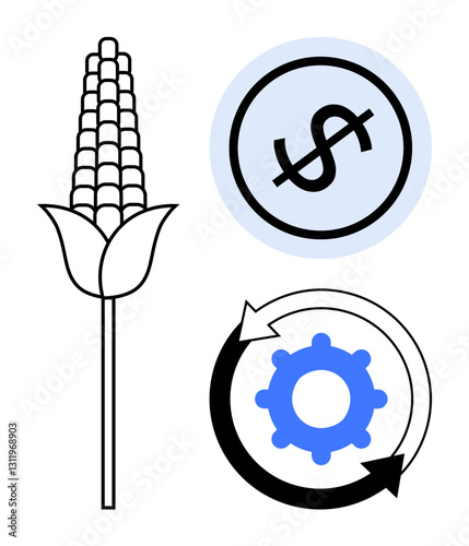 Corn stalk, dollar sign, and gear encircled by arrows symbolize agriculture, economy, production, sustainability, industry, commerce and profitability. Ideal for business trade and innovation