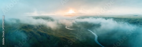 Breathtaking panoramic view of a fog-covered valley at dawn with river bends softly emerging from the mist and vibrant colors illuminating the horizon