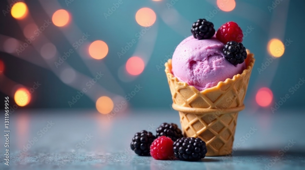 A delightful scoop of berry ice cream nestled in a crispy waffle cone, adorned with fresh raspberries and blackberries, sits against a softly blurred background of warm lighting. A delightful scoop of berry ice cream nestled in a crispy waffle cone, adorned with fresh raspberries and blackberries, sits against a softly blurred background of warm lighting.