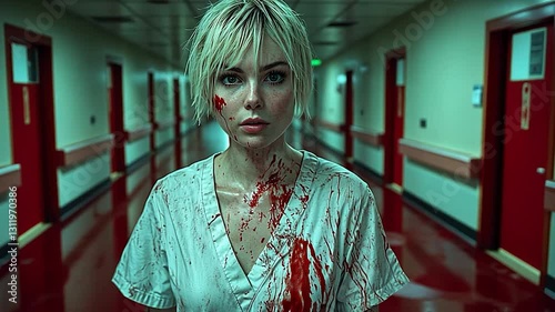 Bloody nurse in hospital hallway. Possible stock photo use