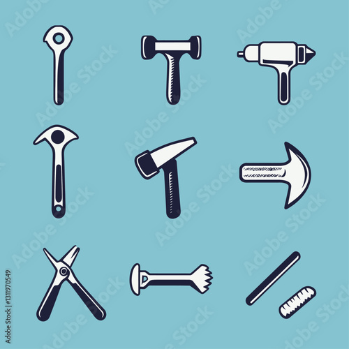 Set of construction carpentry tools, hammers, pliers, and drill icon set