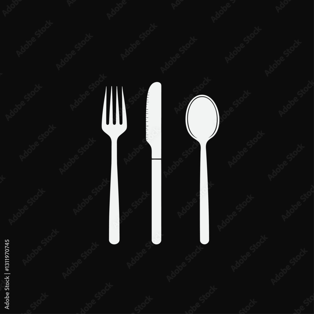 Minimalist Cutlery Set: White Fork, Knife, and Spoon on Black Background Minimalist Cutlery Set: White Fork, Knife, and Spoon on Black Background
