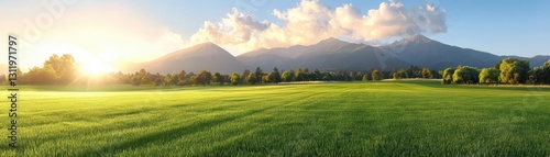 A picturesque landscape featuring lush green fields, majestic mountains, and a stunning sunset, ideal for nature, agriculture, or wellness themes in marketing and advertising,