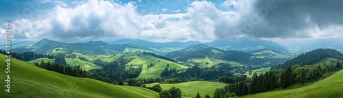 Lush green hills under a partly cloudy sky create a serene landscape, This panoramic view is ideal for nature-themed projects, travel articles, or relaxation-themed content,