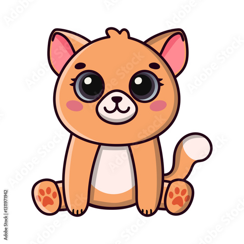 Little cat with big eyes in kawaii style. Flat Cartoon Style. Image for card, sticker, baby clothing.