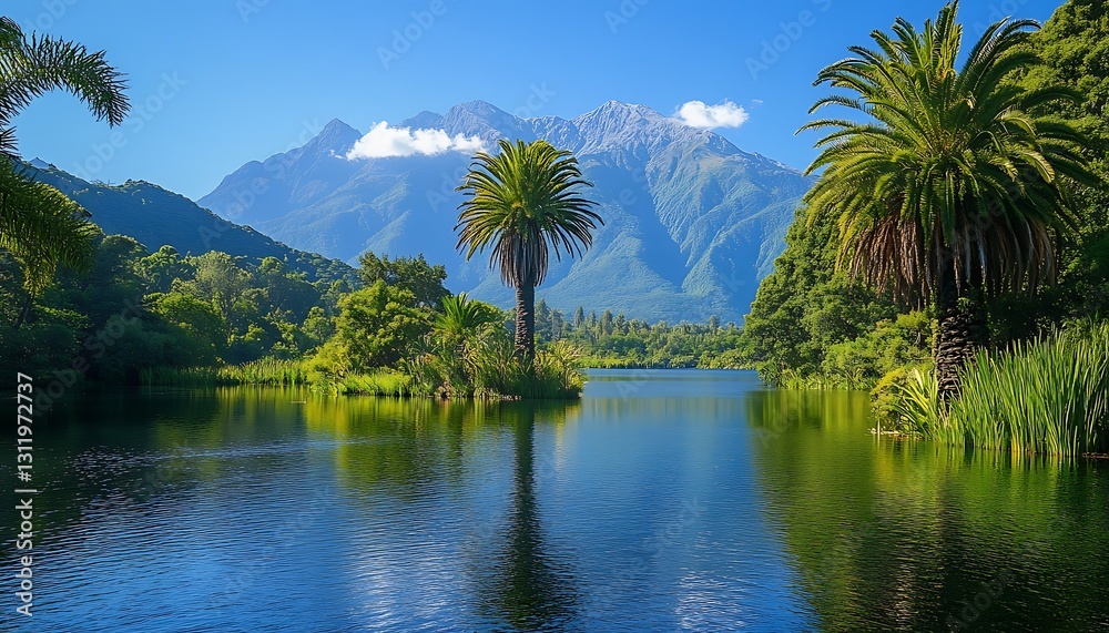 Obraz premium Serene lake, palm trees, mountains, lush landscape