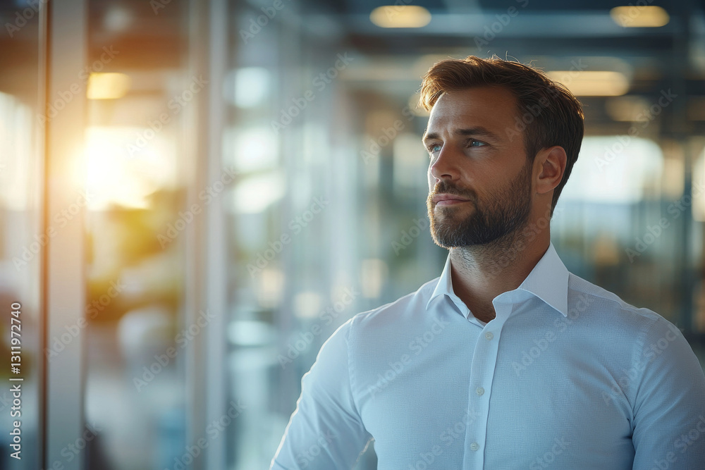 Obraz premium thoughtful man in white shirt gazes out window
